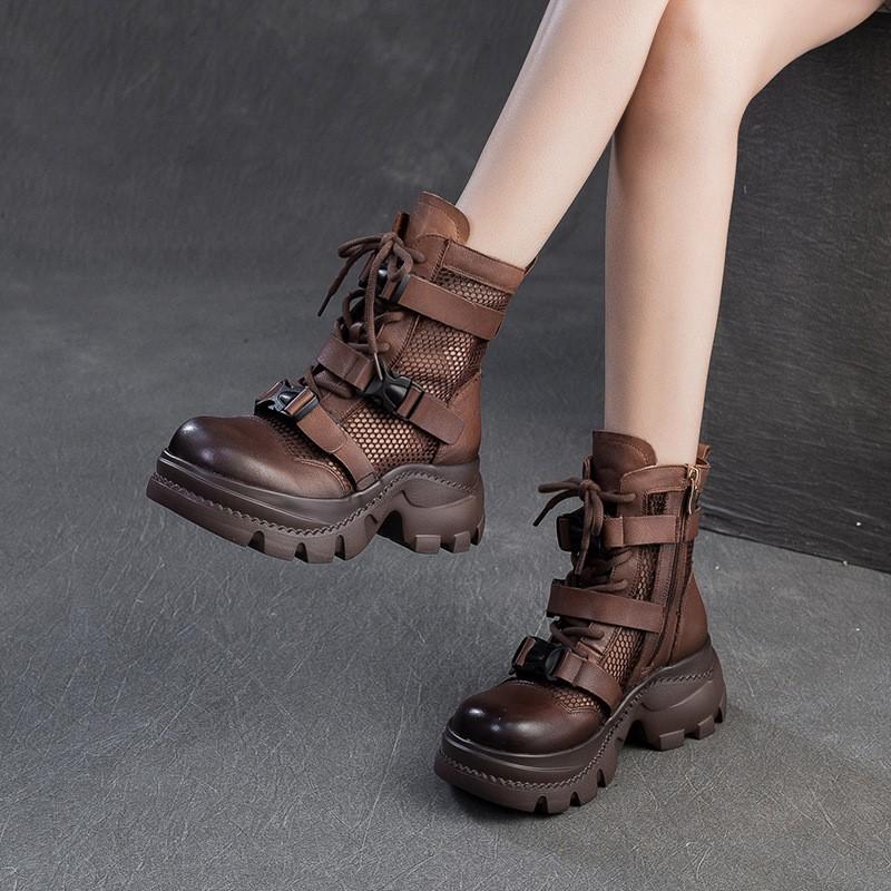 

Johnature Thick Soled Hollow-out Breathable Mesh Summer Boots Retro Genuine Leather Versatile Women s Platform Shoes 35 чорний