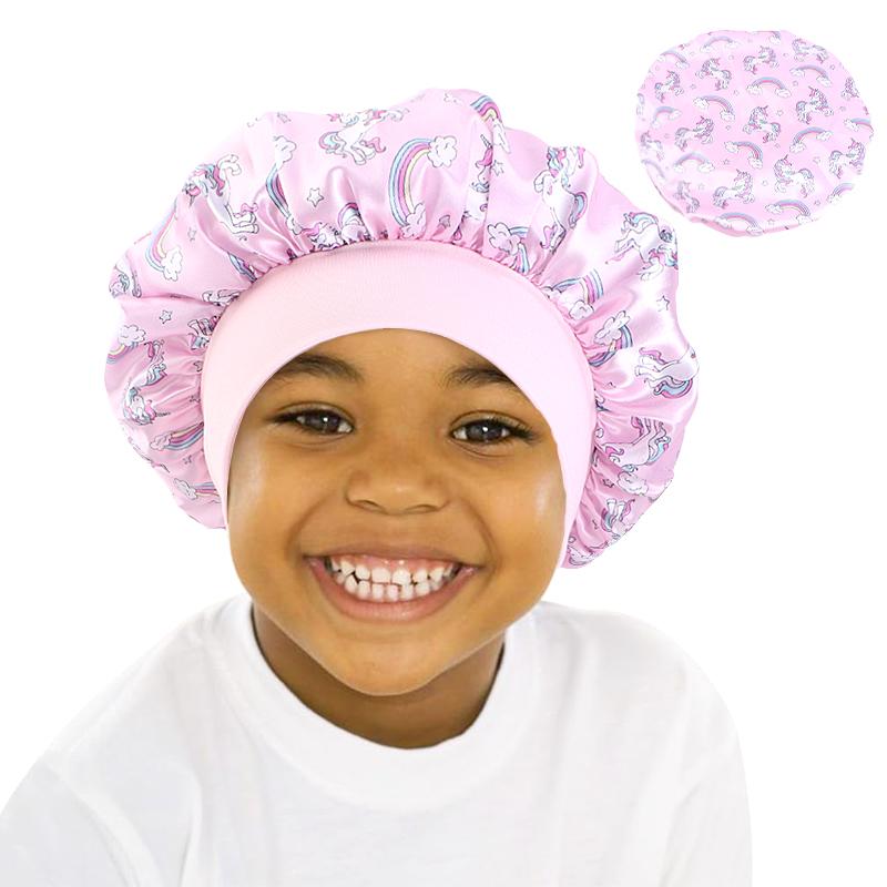 Neues Baby Einhorn Cartoon Druck Satin Nachtschlafmütze Elastisches Breites Band Bonnet Haarabdeckung Mütze Beanie Salon Bad Spa Duschhauben