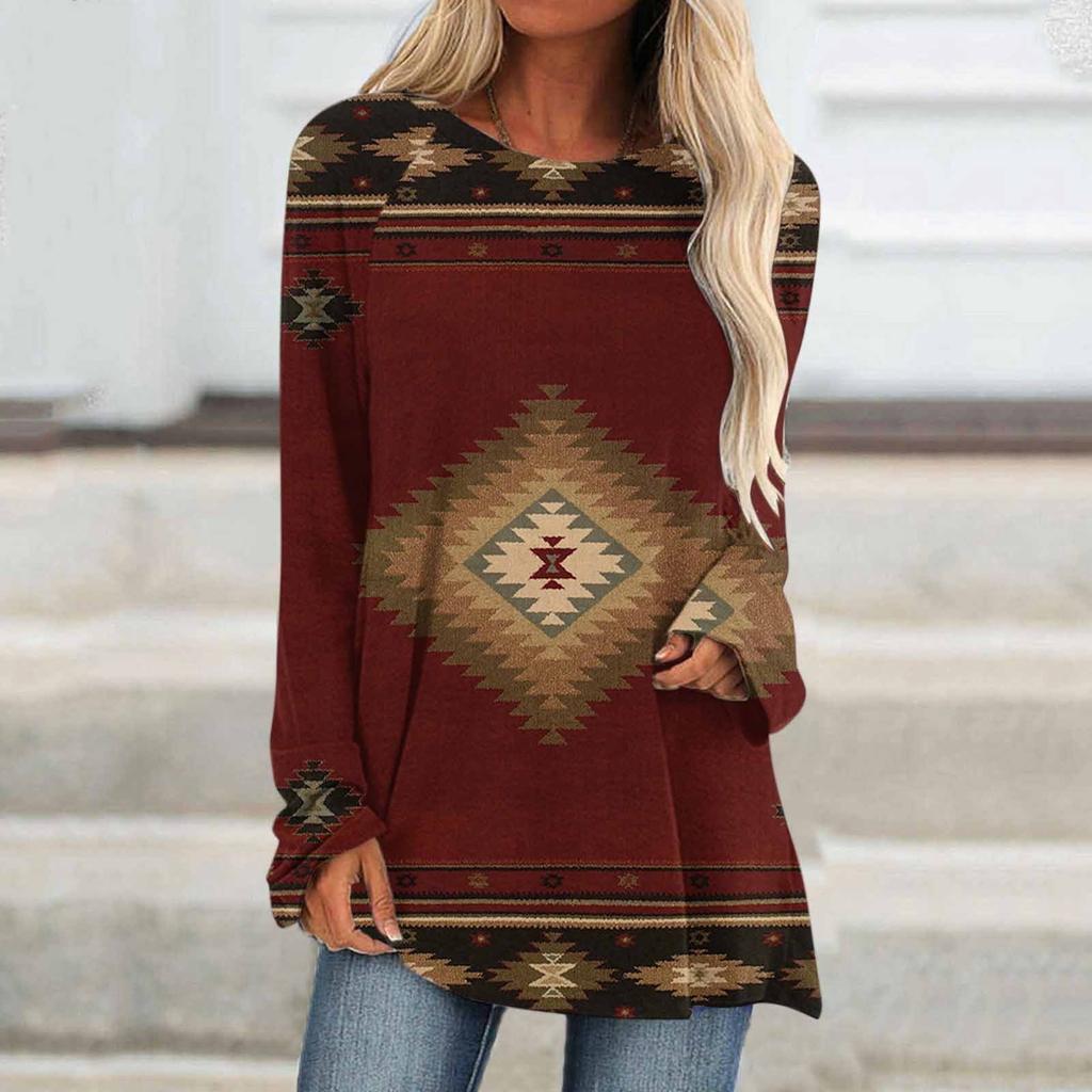 Ethnic tribe geometric print autumn casual comfortable women's long sleeve T-shirt Urban street trend fashion women long sleeve