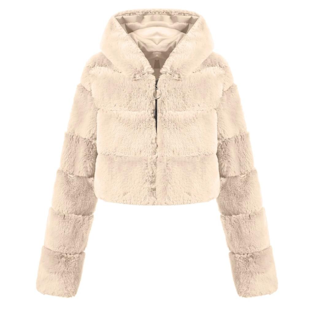 Y2k Streetwear Women Autumn Winter Faux Fur Coat Hooded Cropped Jacket Fur Coat Long Sleeve Cardigan Soft Tops Vintage Harajuku