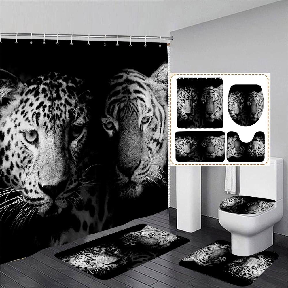 Black Lion Shower Curtain Set Wild Animal Motivational Quote Bathroom Curtains Non-Slip Bath Mat Rug Toilet Lid Cover Home Decor