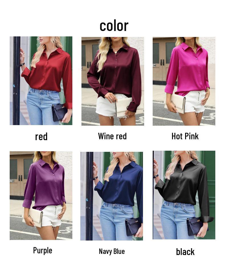 Elegant Women's Solid Color Satin Long Sleeve Shirt with Retro Buttons