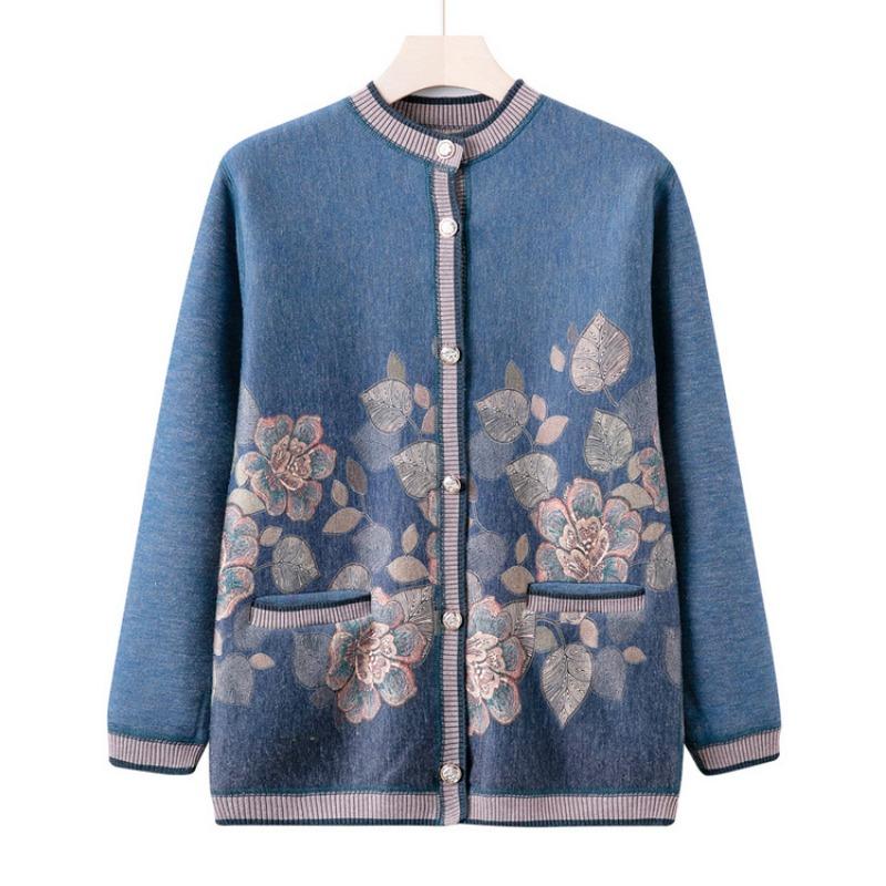 Grandma Winter Velvet Knitted Sweater Medium and Old Cardigan Sweater Female Old Lady Autumn New Clothes Mother Coat