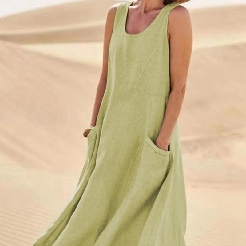 Summer Women's Solid Dress Casual Sleeveless Pocket Loose Dresses Female U Neck Holiday Beach Party Dress Long Dress