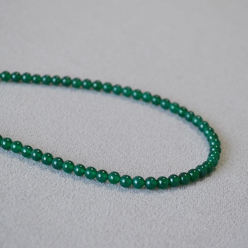 New Chinese ethnic style ice transparent green agate chalcedony real stone beads simple temperament personalized short necklace collarbone chain