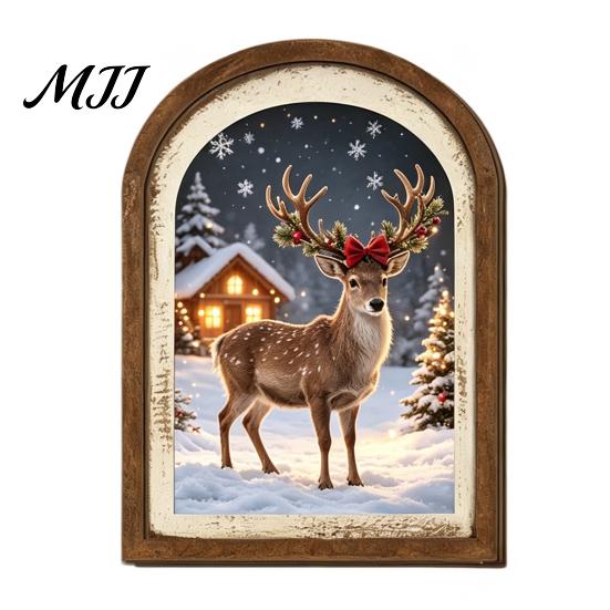 Farmhouse Christmas Tree Decorations Vintage Arched Wooden Wall Art, Double Layer Wood Framed Sign, Bedroom Winter Ornaments Xmas Print Hanging Decor