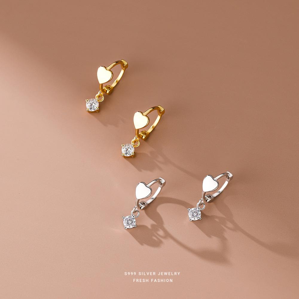 S999 Sterling Silver Korean Sweet Inlaid Zircon Heart Earrings for Women Temperament Jewelry