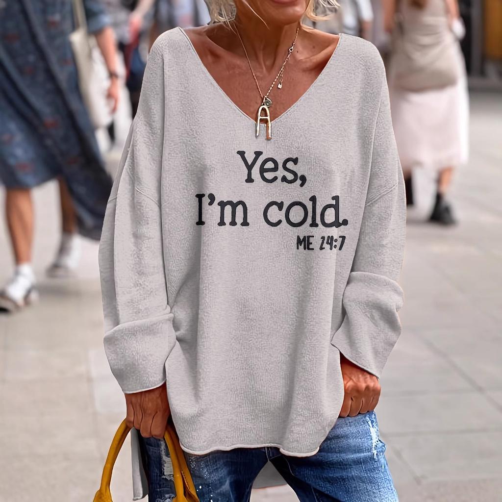 European and American Amazon Unique Street Fashion Loose Casual Solid Color Letter Print V-neck Sweater for Women