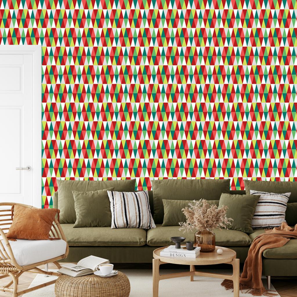 Red, coral and sea green triangle wallpaper for living room and bedroom 50x1000