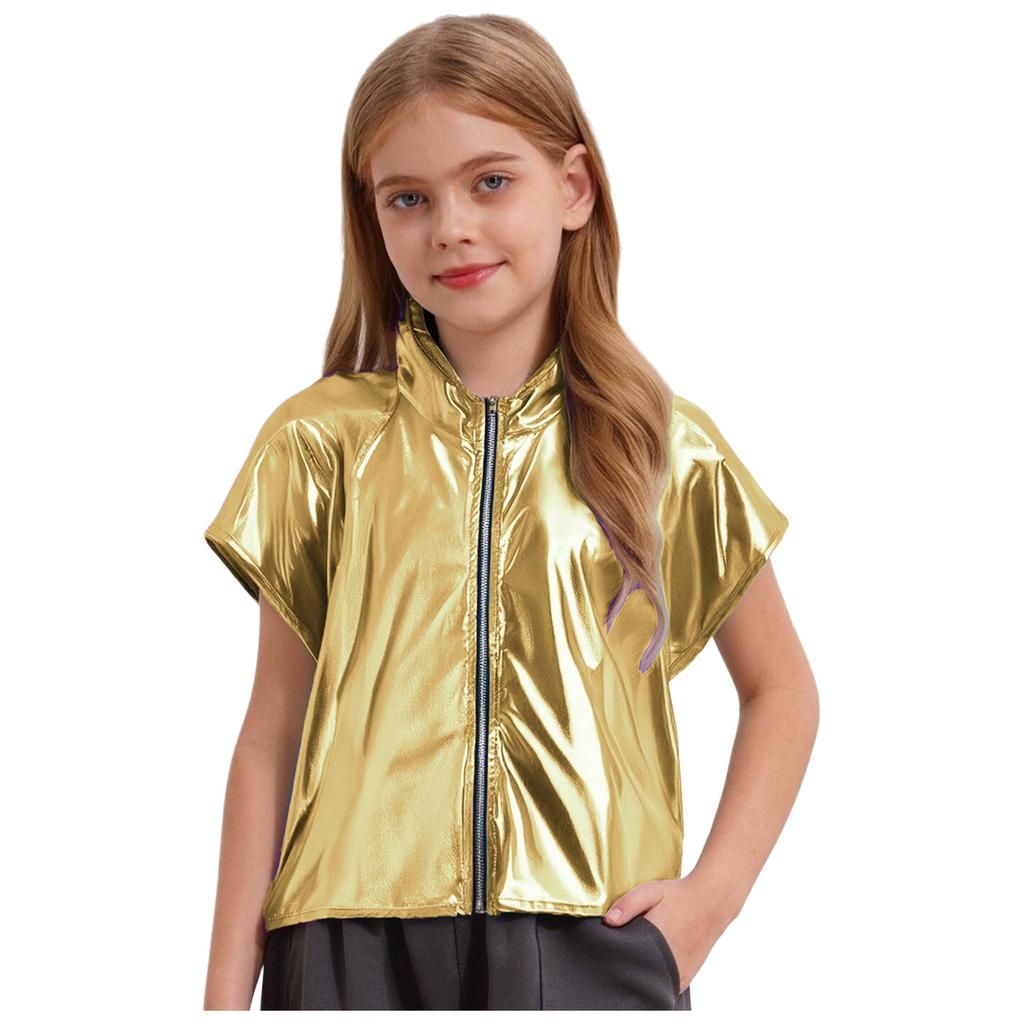 Boys Girls Metallic Hooded Vest Sleeveless Zipper Shiny Hoodie Jazz Dance Stage Performance Vest