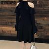 WTEMPO Ladies Long Sleeve Black Dress Women Solid Off Shoulder All-match Spring Elegant A-line Sexy Party Mini Dress