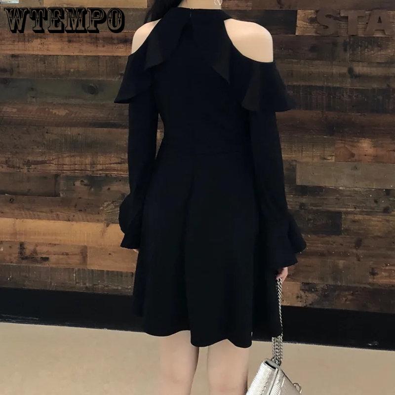 WTEMPO Ladies Long Sleeve Black Dress Women Solid Off Shoulder All-match Spring Elegant A-line Sexy Party Mini Dress