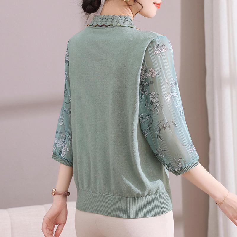 Spring-Summer 2025 Women's Three-Quarter Sleeve Knit Top with Stylish Lapel for Middle-Aged and Elderly Women