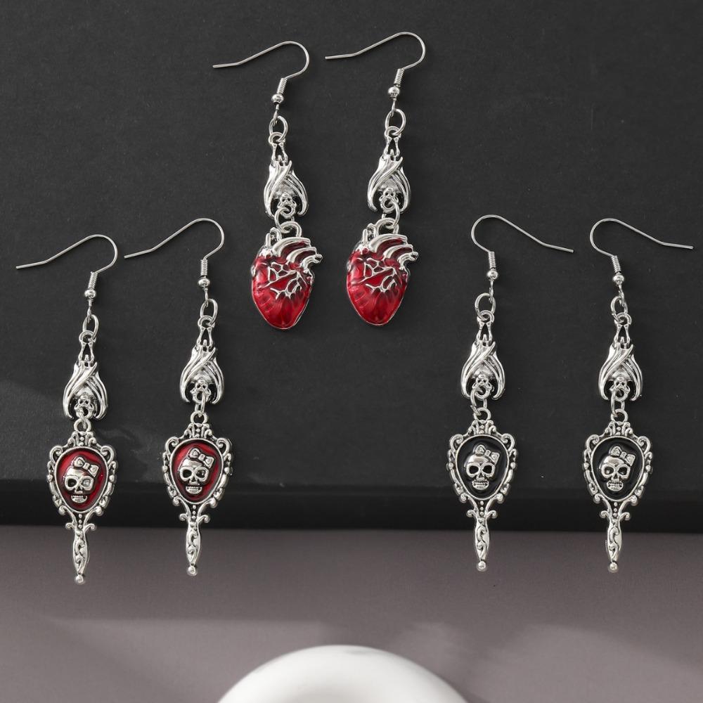 Retro Gothic Vampire Bat Bowknot Skeleton Red Drip Glaze Heart Pendant Dangle Earrings for Women Hallowmas Scary Jewelry Gifts