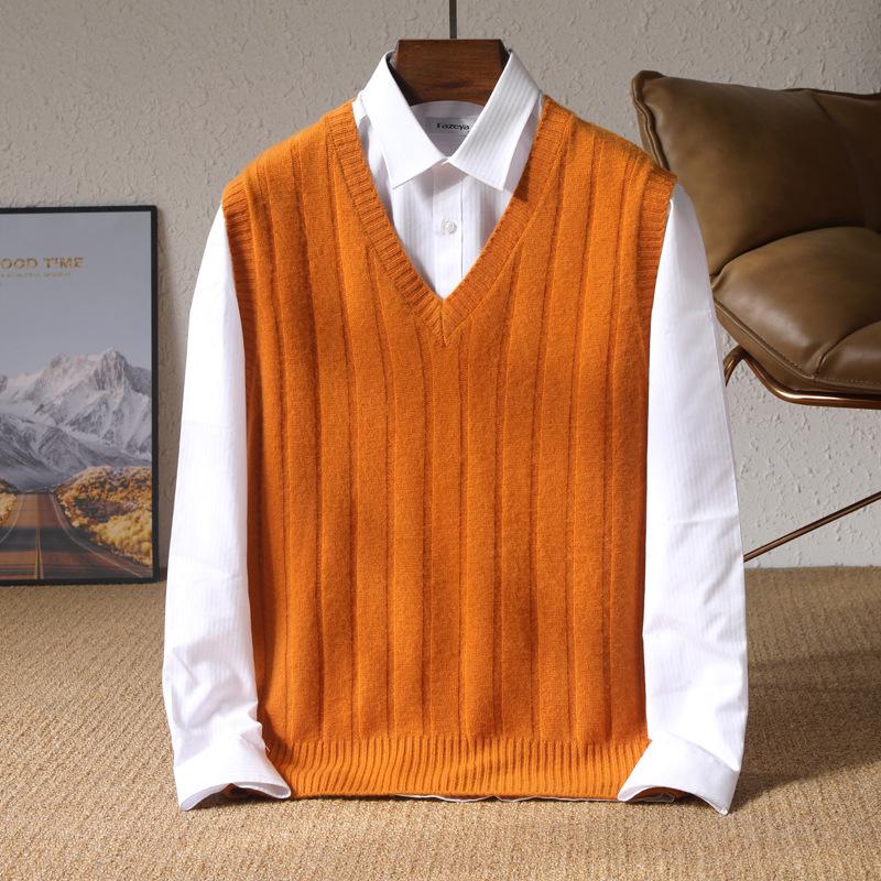 Men's 100% Pure Wool V-Neck Thickened Sleeveless Knit Vest - Solid Color, Ribbed, Slimming, Warm