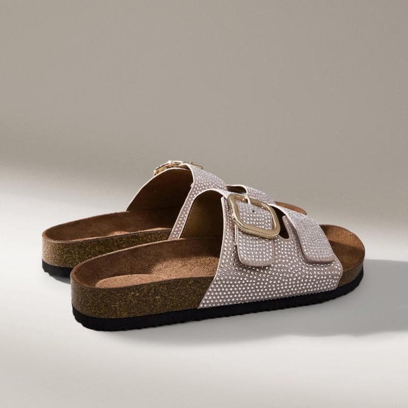 Fashion 2025 women's rhinestone metal buckle sandals with double straps and slip covers, comfortable casual shoes