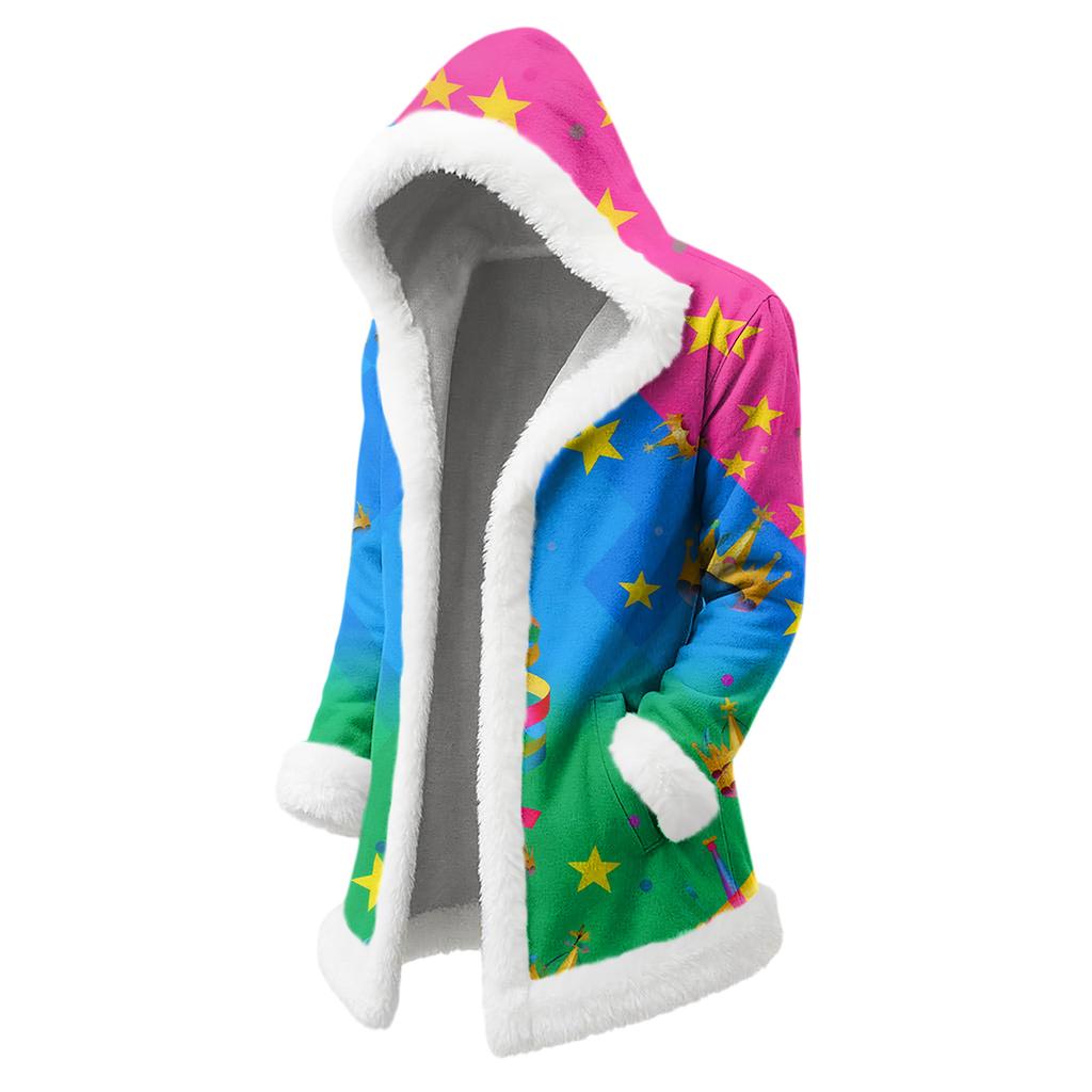 Unisex Casual And Fashionable Plush Collar Hooded Long Sleeved Carnival Print Jacket