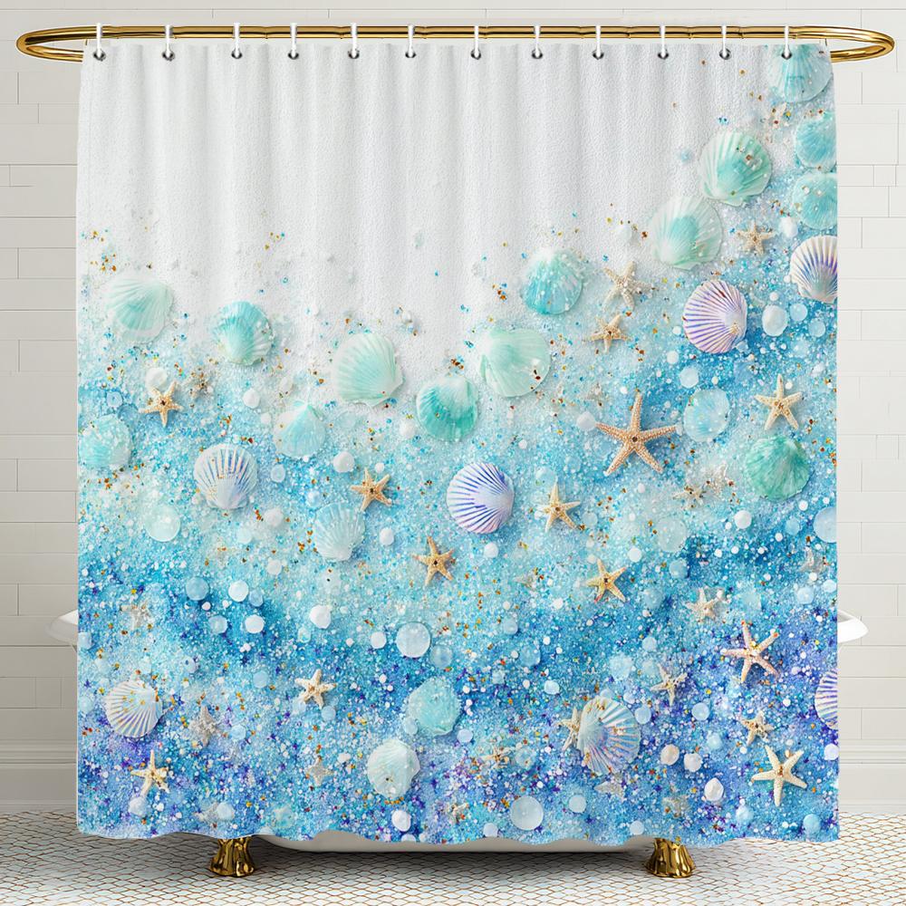 Ocean Beach Shell Starfish Printed Shower Curtain, Bathroom Decorative Shower Curtain,Waterproof Shower Curtain with Hooks