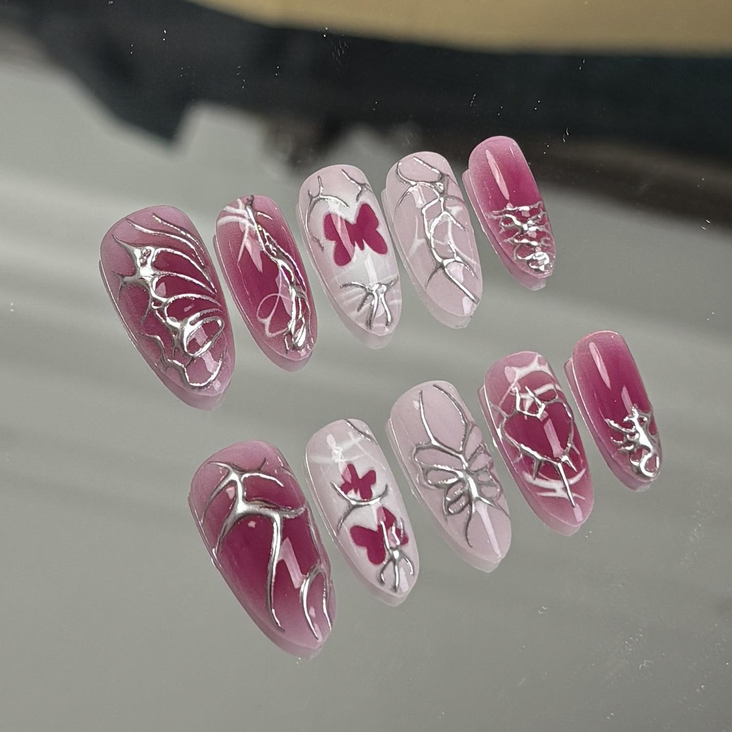 

24PCS Pink Blush French False Nails Sweet Cool Metallic Silver Pattern Simple Almond Fake Nails for Women Wearable Ins Nail Tips