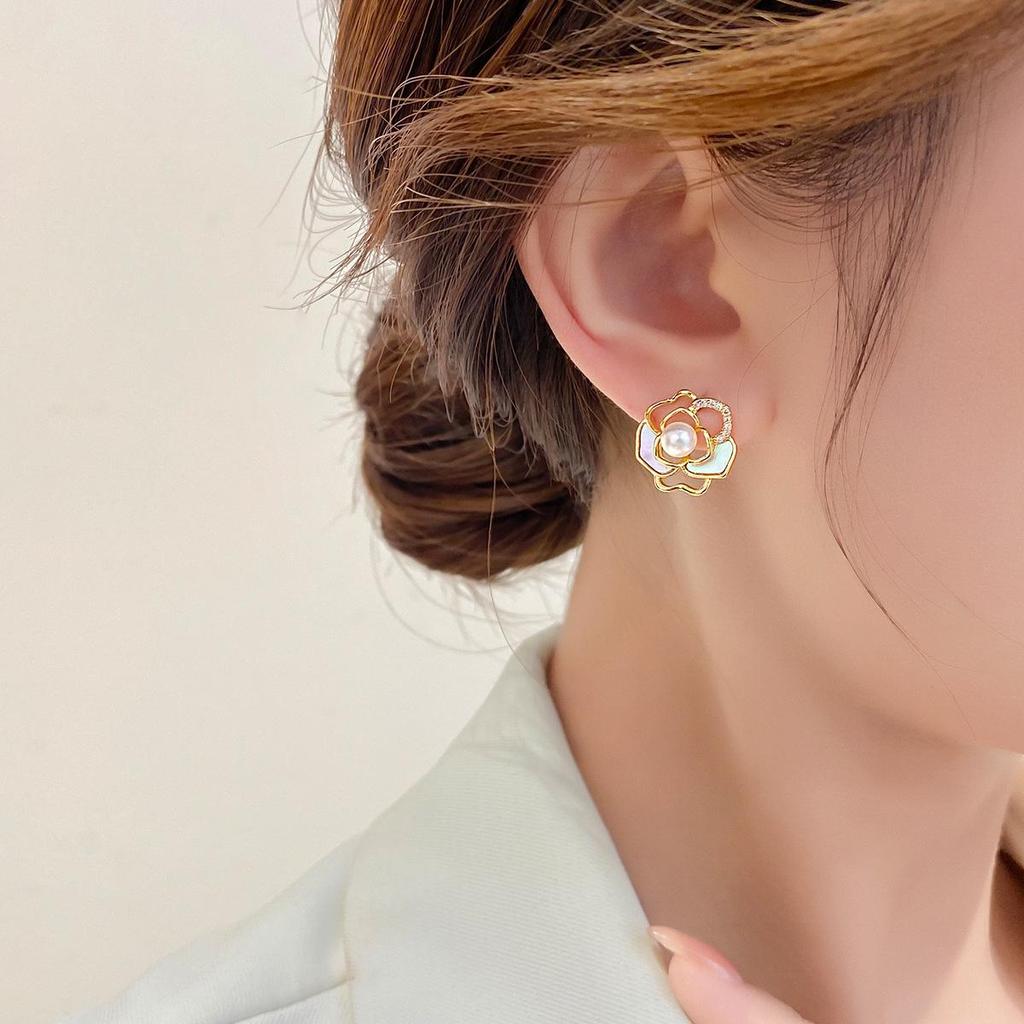 Camellia Mother-of-Pearl Drop Earrings, S925 Silver Studs for Women - High-End Luxury Design