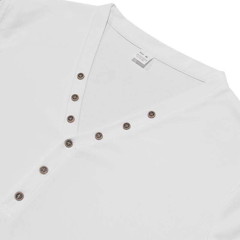 Men's Spring and Autumn Solid Color Men's T-shirt Long Sleeve Casual Slim Button-down V-neck Top