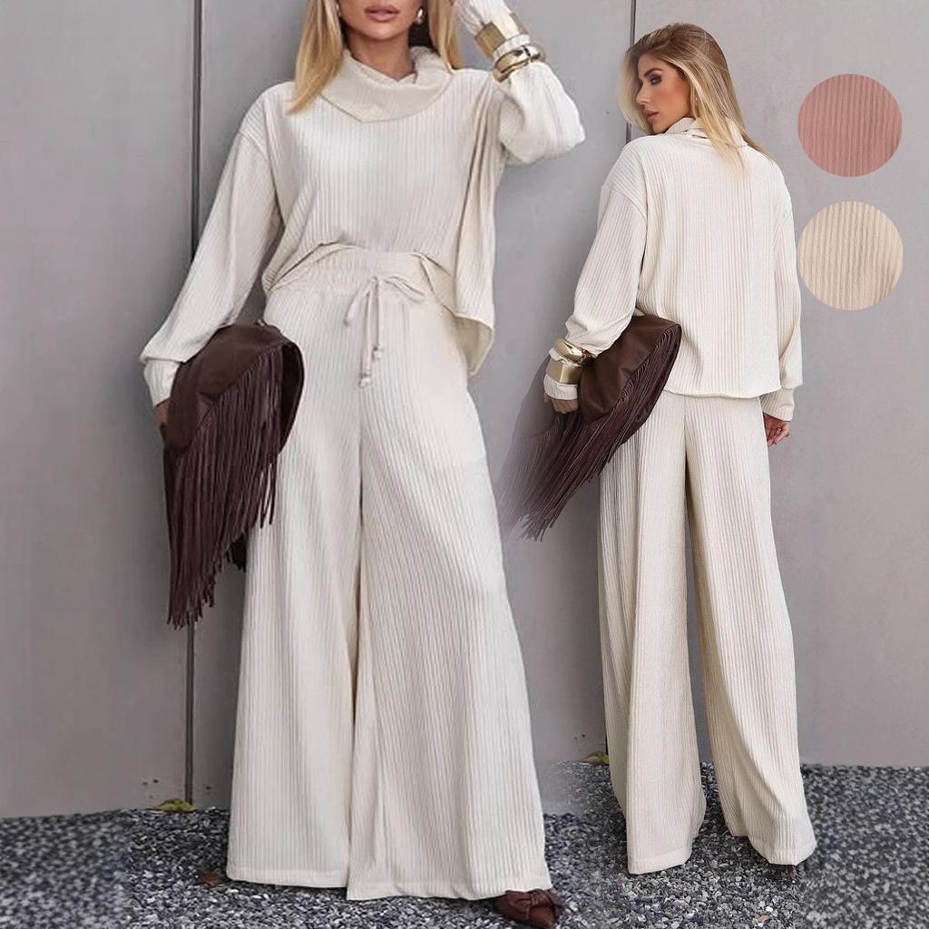 New women's elegant temperament stacked collar long-sleeved top wide-leg pants set