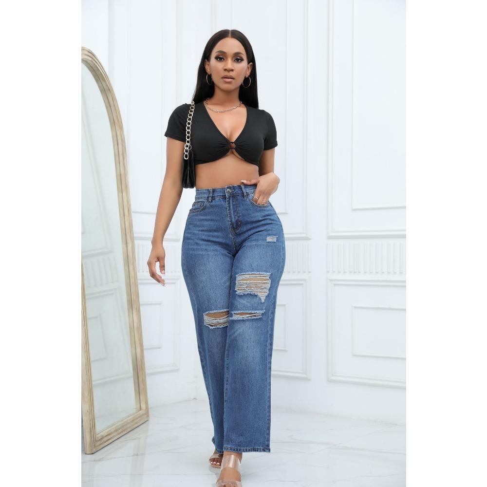 Women's Mid Rise Ripped Wide Leg Flare Jeans Loose Fit Denim Pants Urban Commuter Casual Trousers