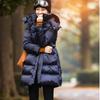 Womens Mid-Length Hooded Down Coat With Waist Cinching A-Line Fit Winter Warm Jacket