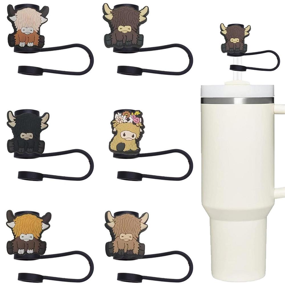 Cow Straw Tip Covers 6X Highland Cow Reusable Straw Tips Cover Reusable Straw Tips Cover Dust-Proof Straw Toppers Highland Cow