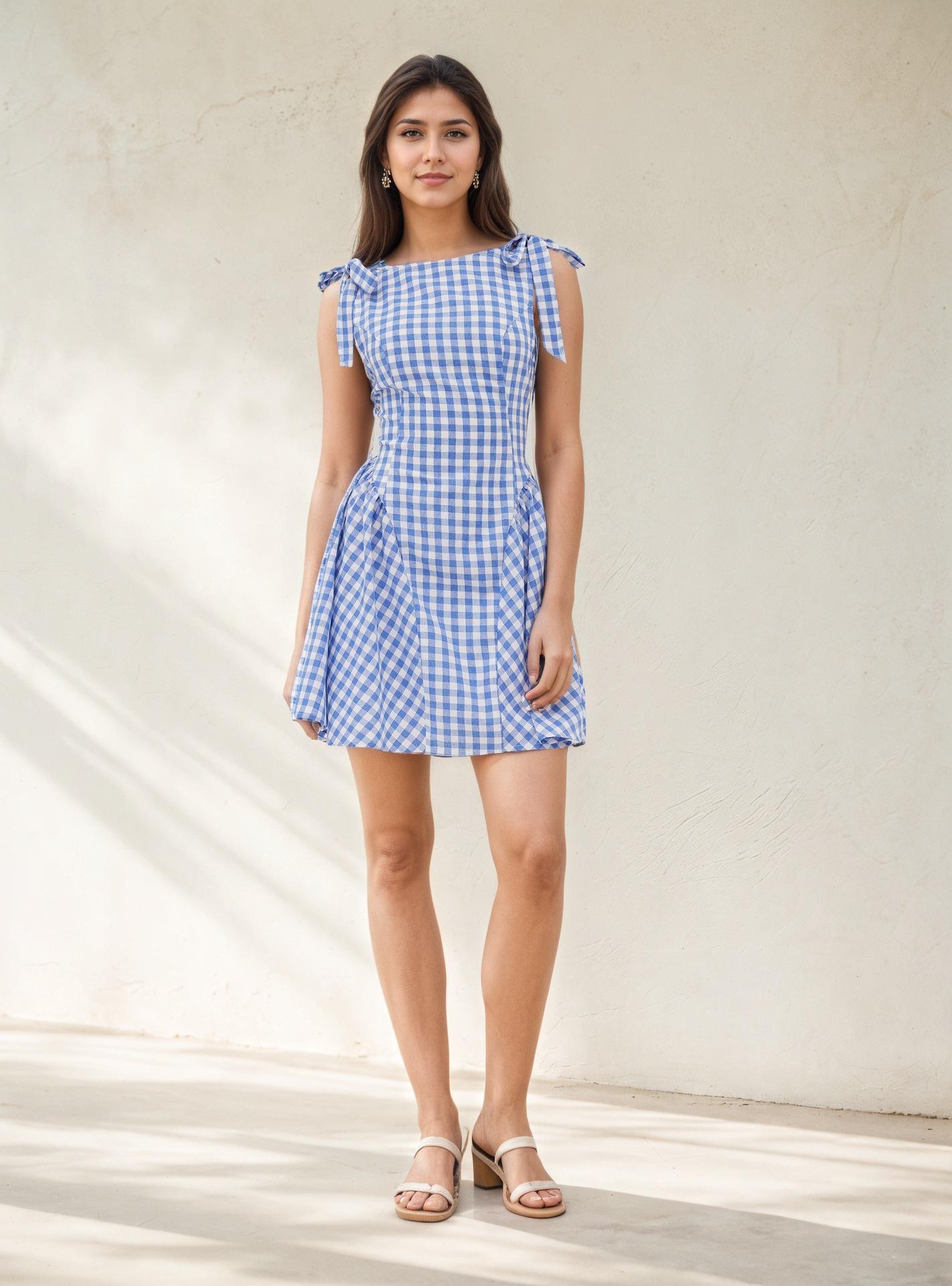 Summer and autumn women s clothing European and American style French fashion temperament plaid striped strap pleated skirt waist dress fashion size s