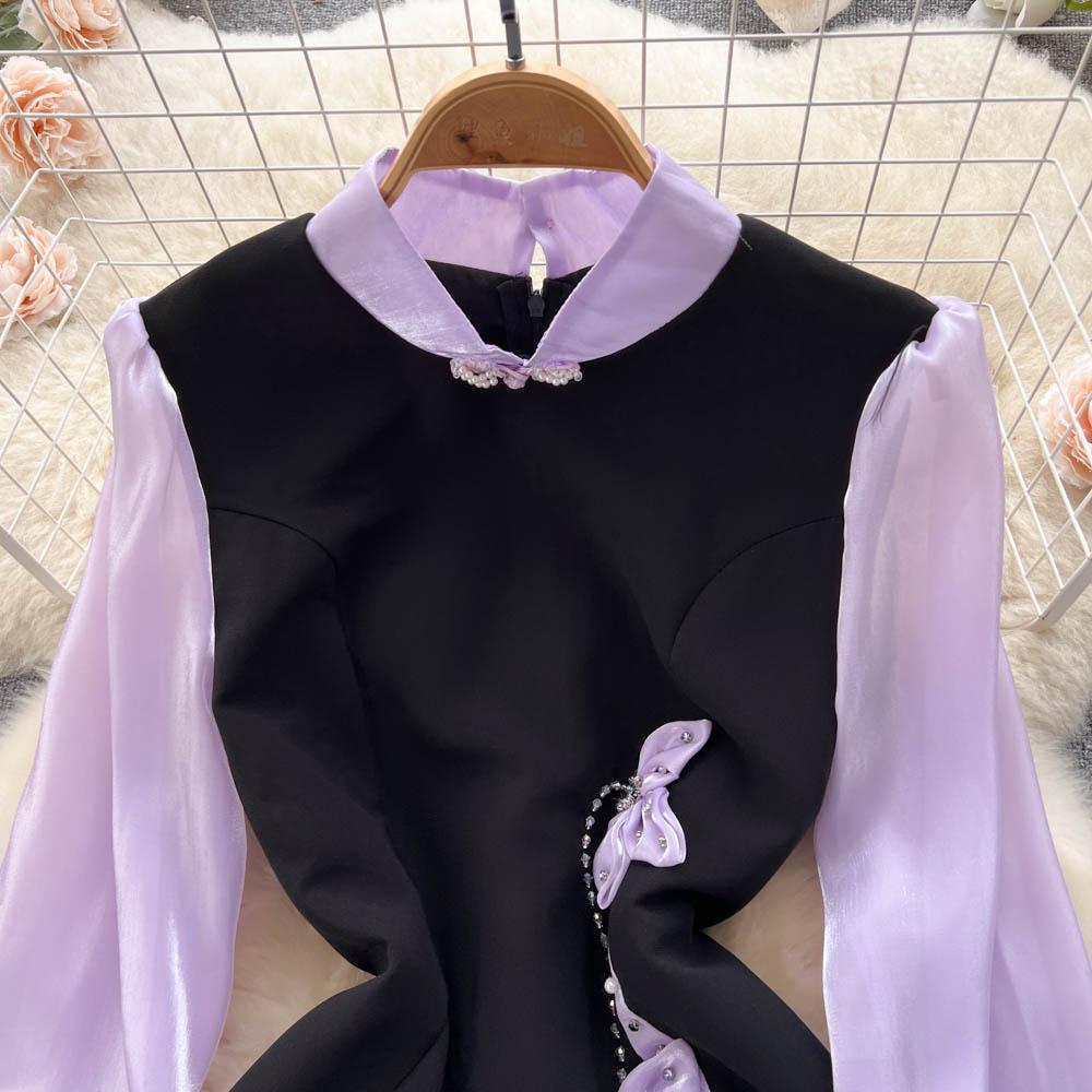 Vår Høst Kjendis Vintage Cheongsam Blyantkjole Dame Ny mote Langermet Mesh Patchwork Elegante Perlebue Festkjoler