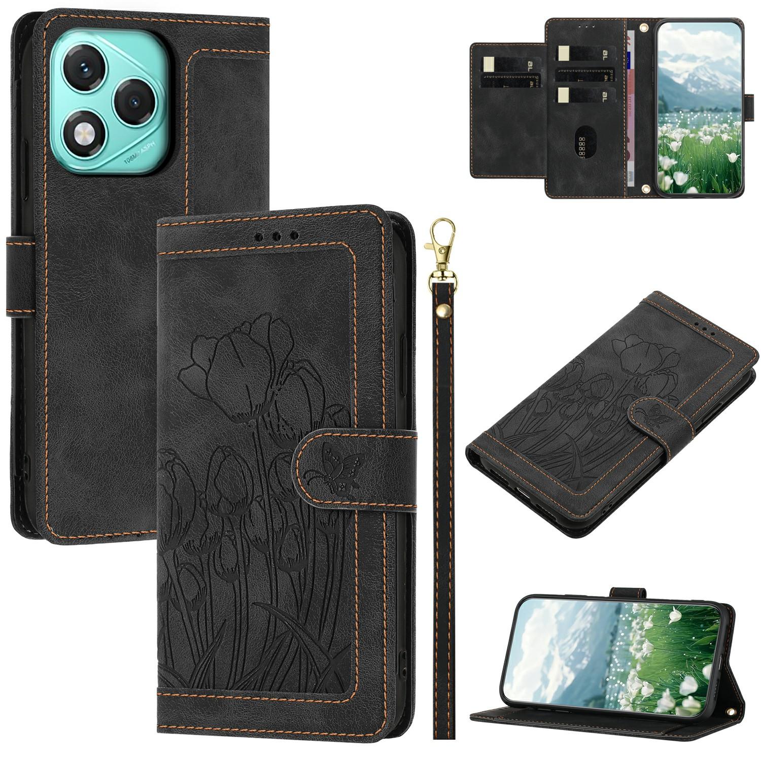 

For Honor 400 Lite 5G Wallet Case with 5 Card Slot/Wrist Strap, Tulip Pattern Imprint Leather Phone Cover