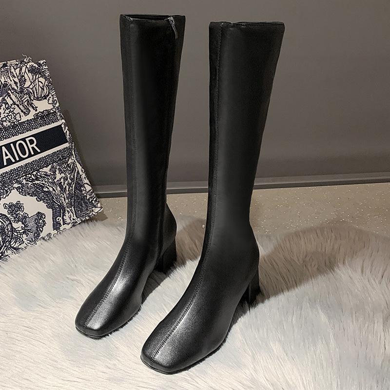 Boots Women's Autumn and Winter Side Zipper Boots Women's Knee High Knight Boots Thick Heel Square Head Boots