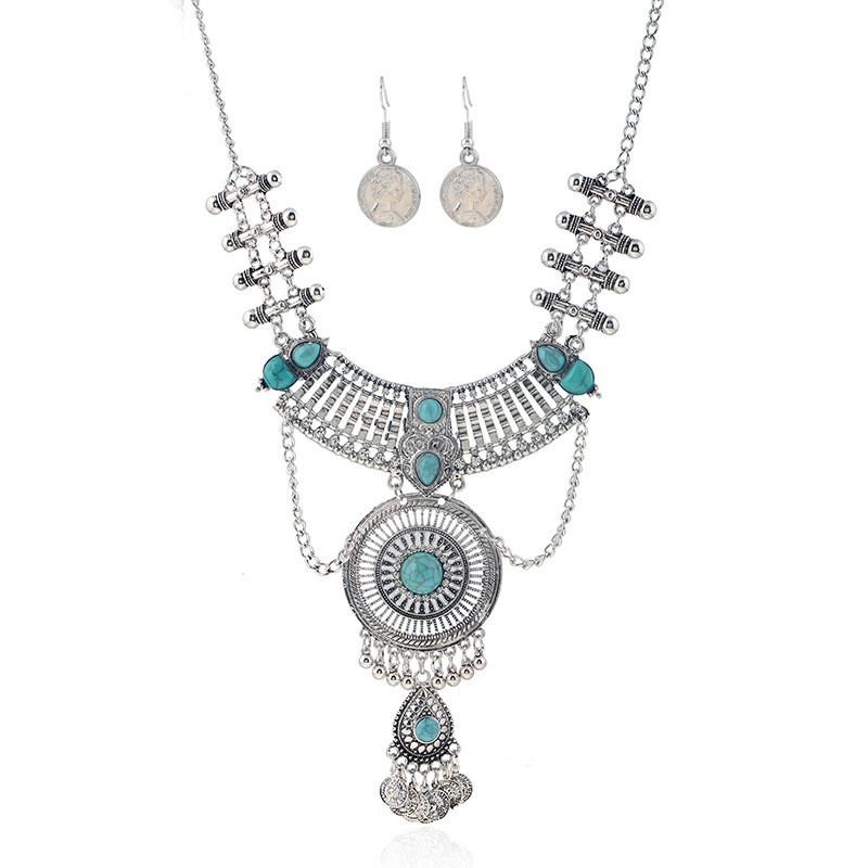 Ethnic Style Simulation Gemstone Decoration Women Necklace And Earring Set