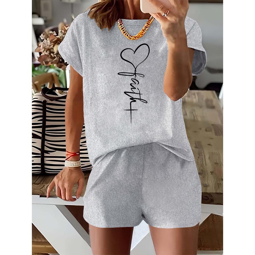 2026 Sommer Damen Modisches Herzförmiges Kreuz Print Lässiges Lockeres Rundhals Kurzarm T-Shirt Shorts Zweiteiliges Set