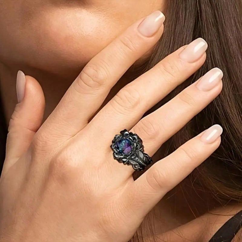Elegant Three-Piece Black Lotus Ring Set with Rainbow-Colored Zirconia for Weddings, Engagements Anniversaries and Parties
