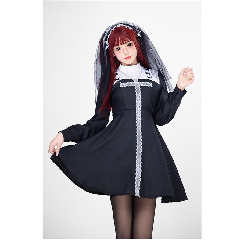 Gothic Bride Halloween Costume Dark Witch Nun Vampire Outfit With Cross For Halloween Party Ghost Performance
