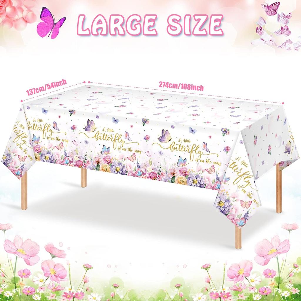 FunnyPars 3 Pack Butterfly Baby Shower Tablecloth, Little Butterfly is On The Way Baby Shower Decorations, Plastic Disposable Rectangle Watercolor