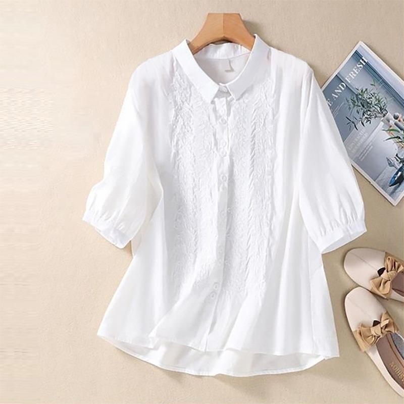 Camicia da donna in cotone con colletto a punta, manica corta, ricamo floreale, bottoni