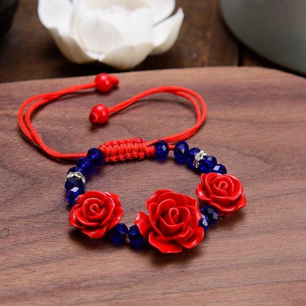 Korean Style Red Rose Imitation Pearl Bracelet For Women Luxury Zircon Flower Butterfly Adjustable Cuff Bracelet Wedding Jewelry