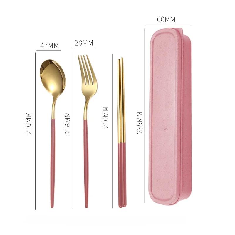 3-teiliges/Set Besteck mit Boxhalter Geschirr Löffel Gabel Essstäbchen Set Reise-Tischbesteck Edelstahl Reisebesteckset Utensilienetui