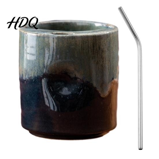 Absorbent Hole Mug Vintage Ceramic Coffee with Straw Retro Hand-Painted Striped Style S темно-синий
