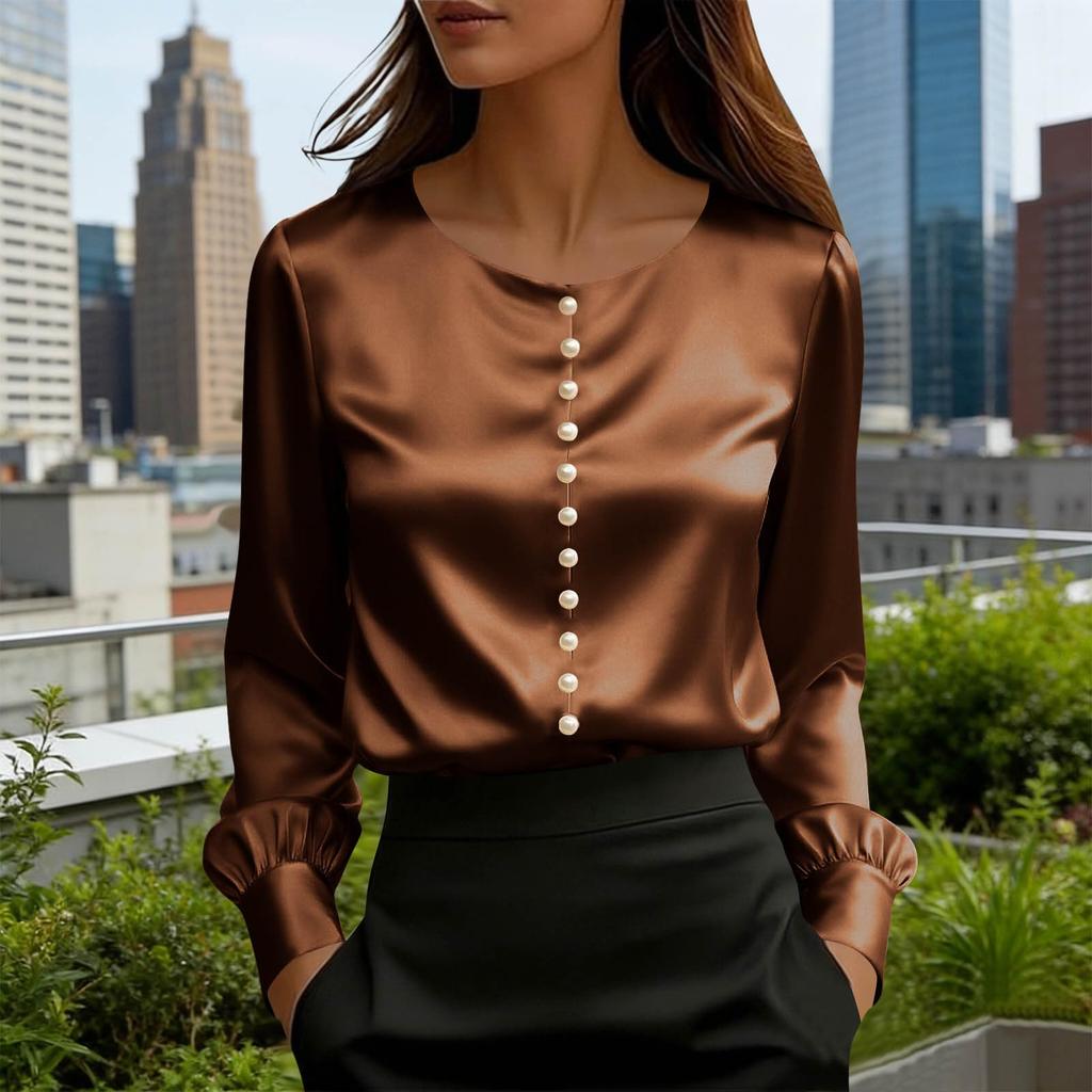 Women's Long-sleeved Satin Color Shirt. Pearl Button Collar. Round Neck Silky Smooth Business Casual Top