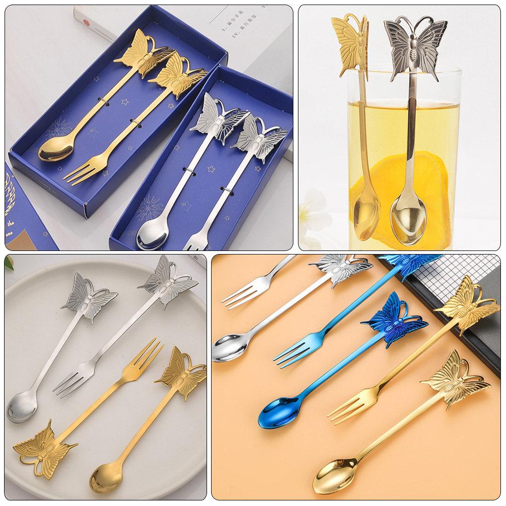 1Set Coffee Spoon Fork Set Stainless Steel Butterfly Pattern Dessert Tasting Cutlery Elegant Design for Home Restaurant Party