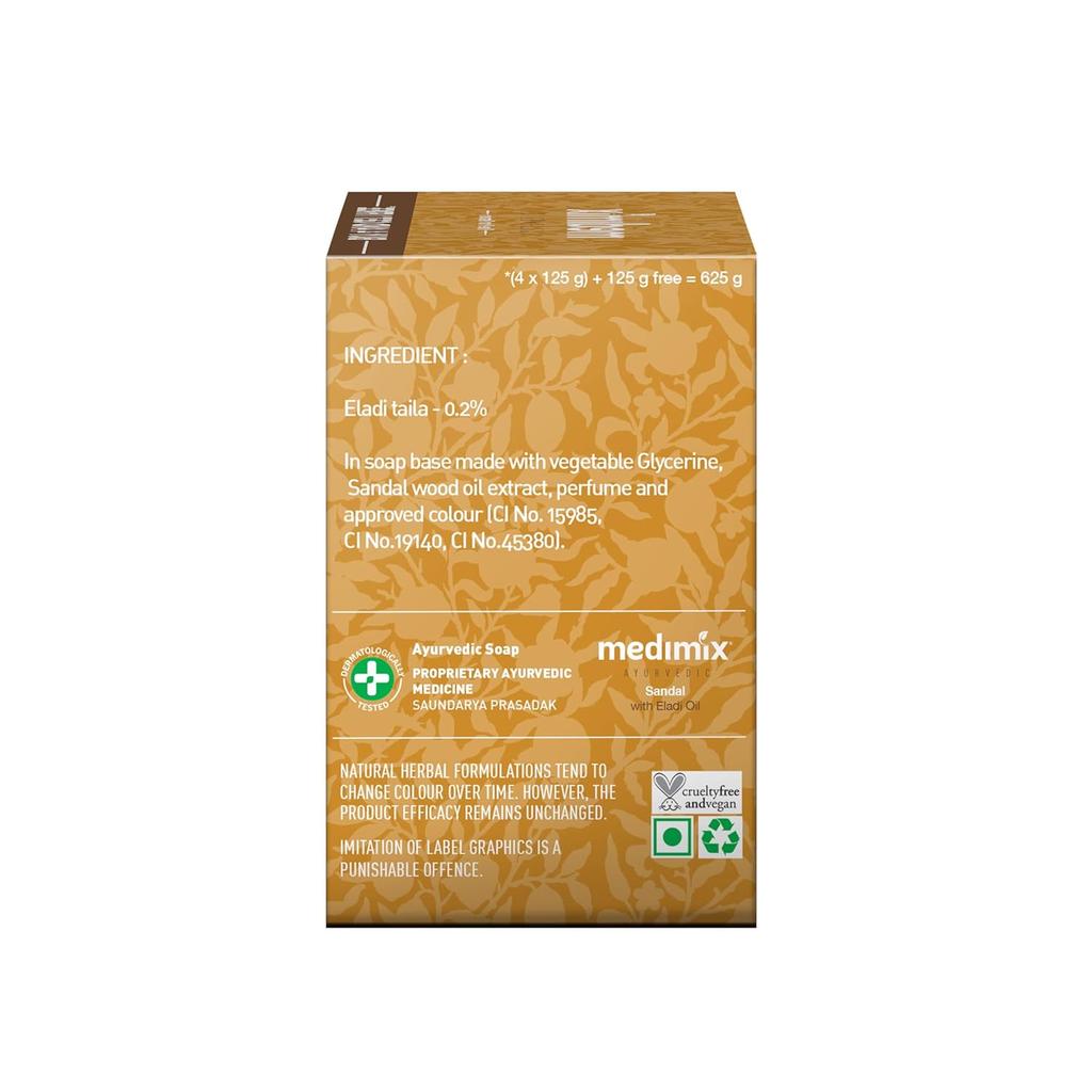 Medimix Ayurvedic Sandal Bathing Bar 125g X 5 Soap| Gentle Cleansing Soap With Sandal & Eladi Oil For Natural Glow, Even Tone & Vibrant Skin