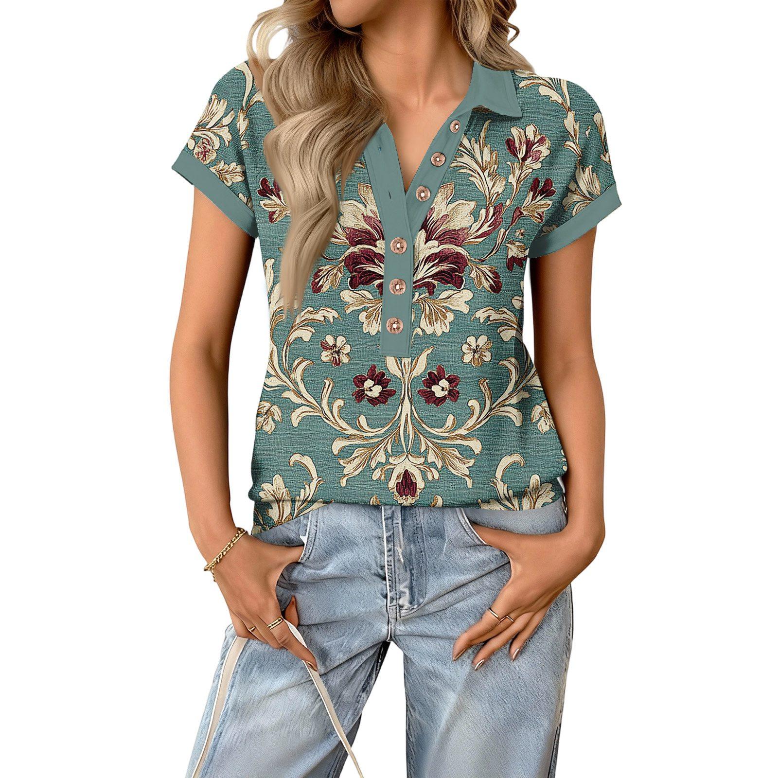 

Women s fashionable and casual summer V,neck patchwork short,sleeved retro print top XL