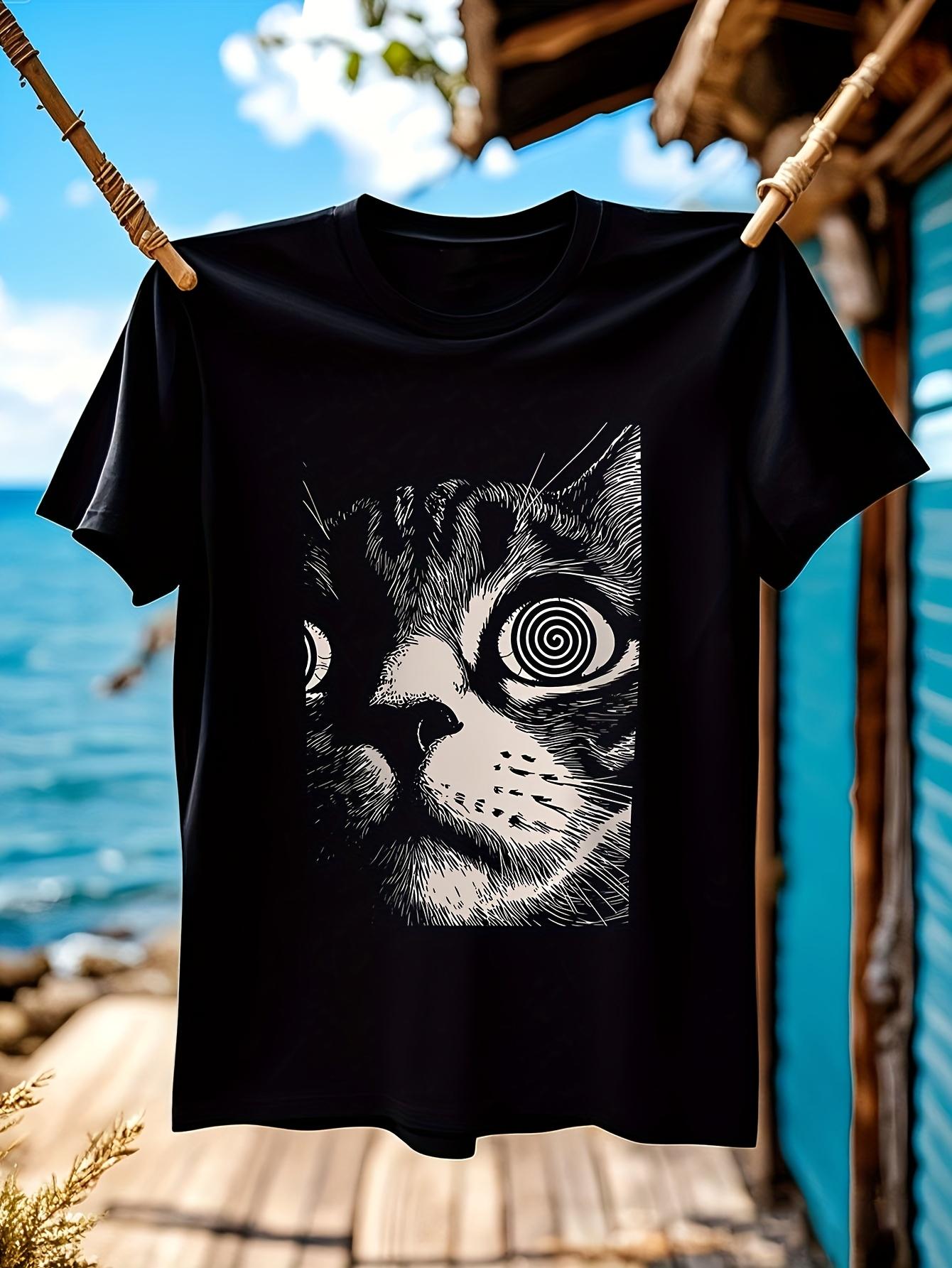 

Vibrant Psychedelic Cat Graphic T-shirt - Unisex Gothic Alternative Tee with Bold Black & White Design XXL
