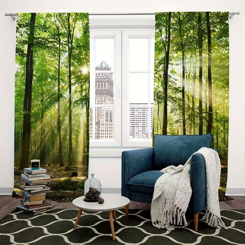 2pcs Nature Green Forest & Sunbeam Pattern Curtains Designed for Light Blocking Premium Material Suitable for Living Room Be