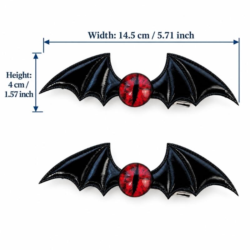 Gothic Hair Clip Set of 2 with Bat Wing Shape and Raised Red Eyeball Decors, Cosplay Barrettes for Theme Party, Stage Show and Party Photo