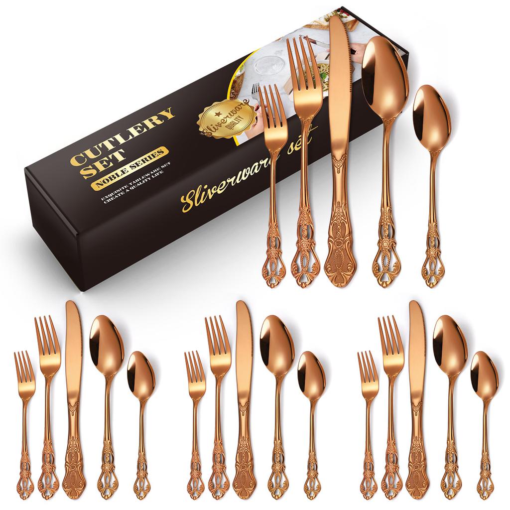 Royal Stainless Steel Cutlery Set 20/40 Piece Set for Home Use Vintage Embossed European Western Dinner Knife, Fork and Spoon